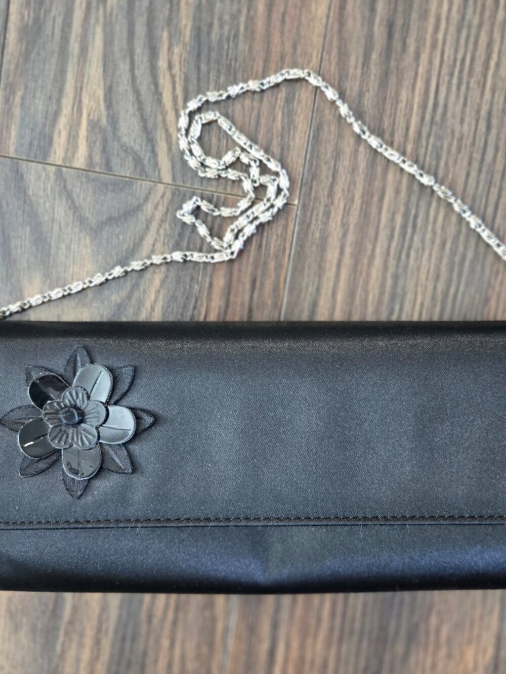 Vintage Style Black Satin Clutch w/ Silver Chain & 3D Floral Applique NWOT